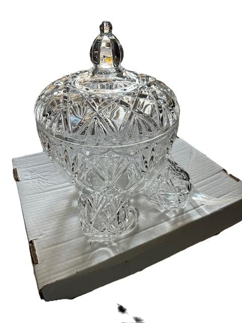 Punch Bowl Clear Cut Glass with Cups and Ladle