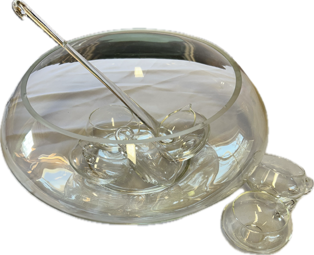 Punch Bowl Clear Cut Glass with Cups and Ladle