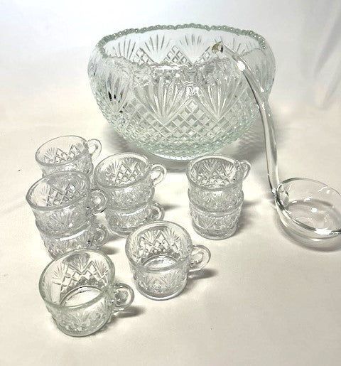 Punch Bowl Clear Cut Glass with Cups and Ladle